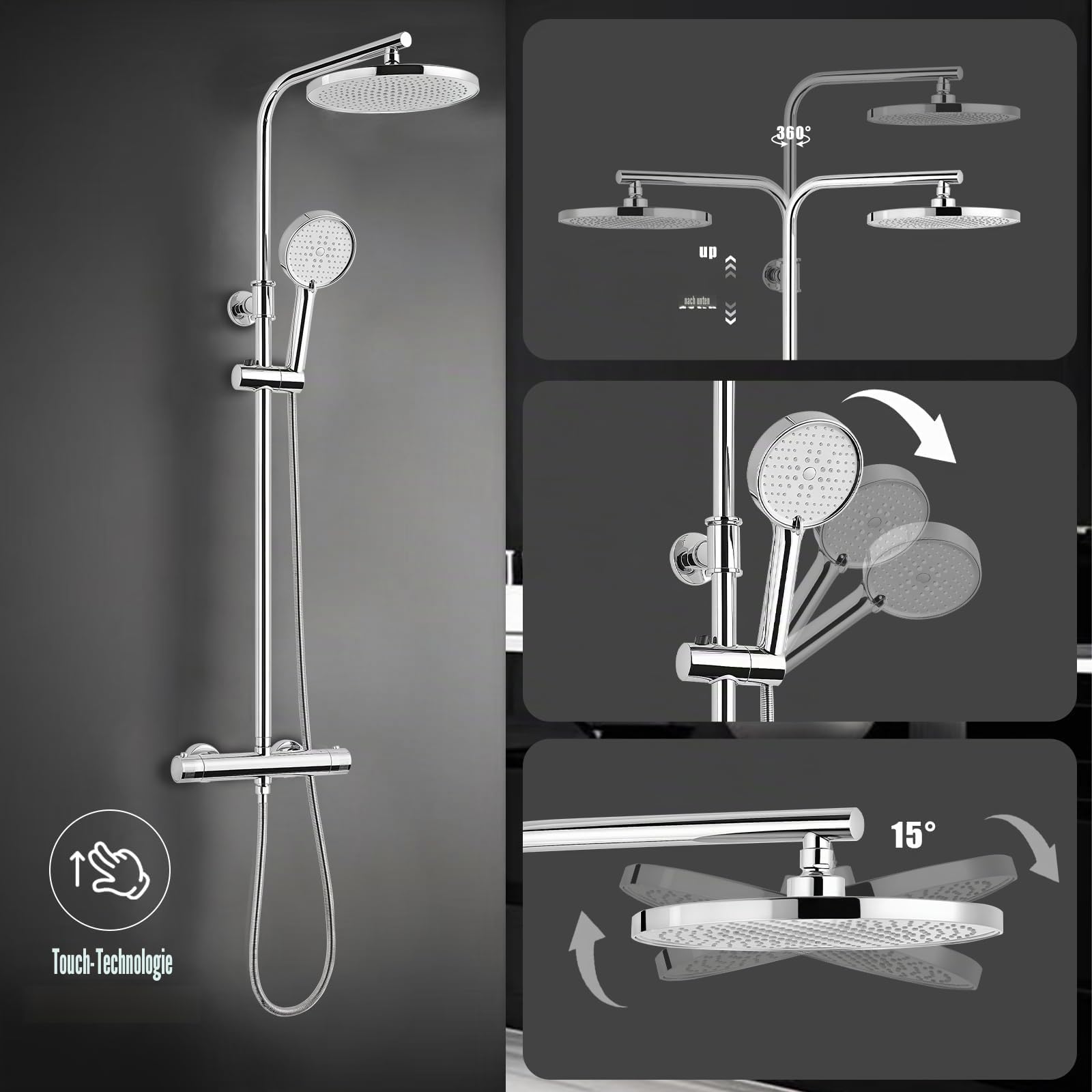 Ronvie Duschsystem mit Thermostat, 25cm Regendusche Duschkopf Chrom