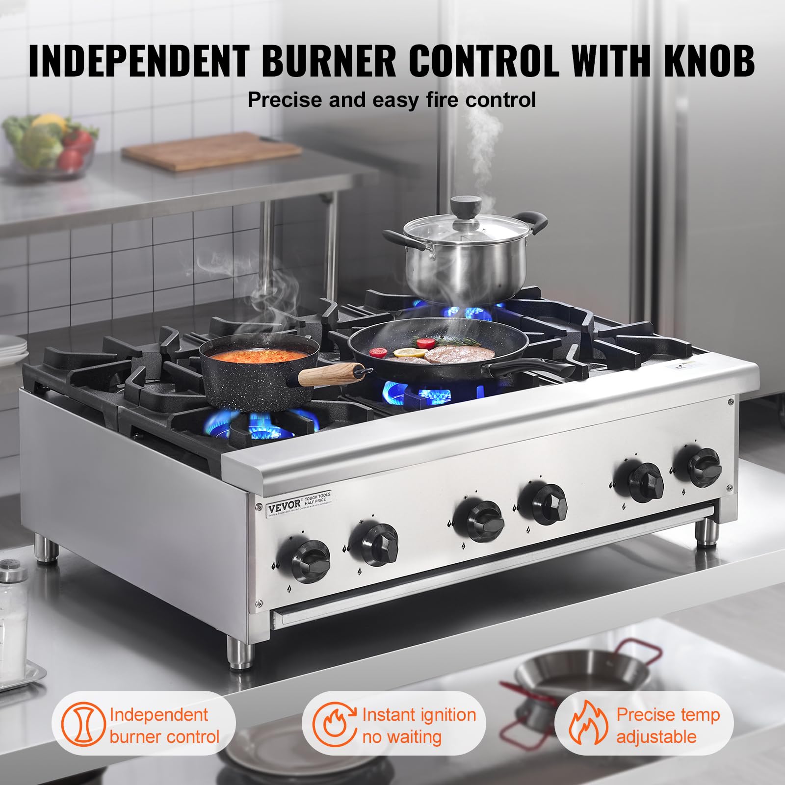 VEVOR Cuisinière à Gaz Commerciale avec 6 Brûleurs, Plaque de Cuisson de Comptoir au Propane et au Gaz Naturel, 42 kW, en Acier Inoxydable, Équipement de Cuisson Commercial pour Restaurant Domicile