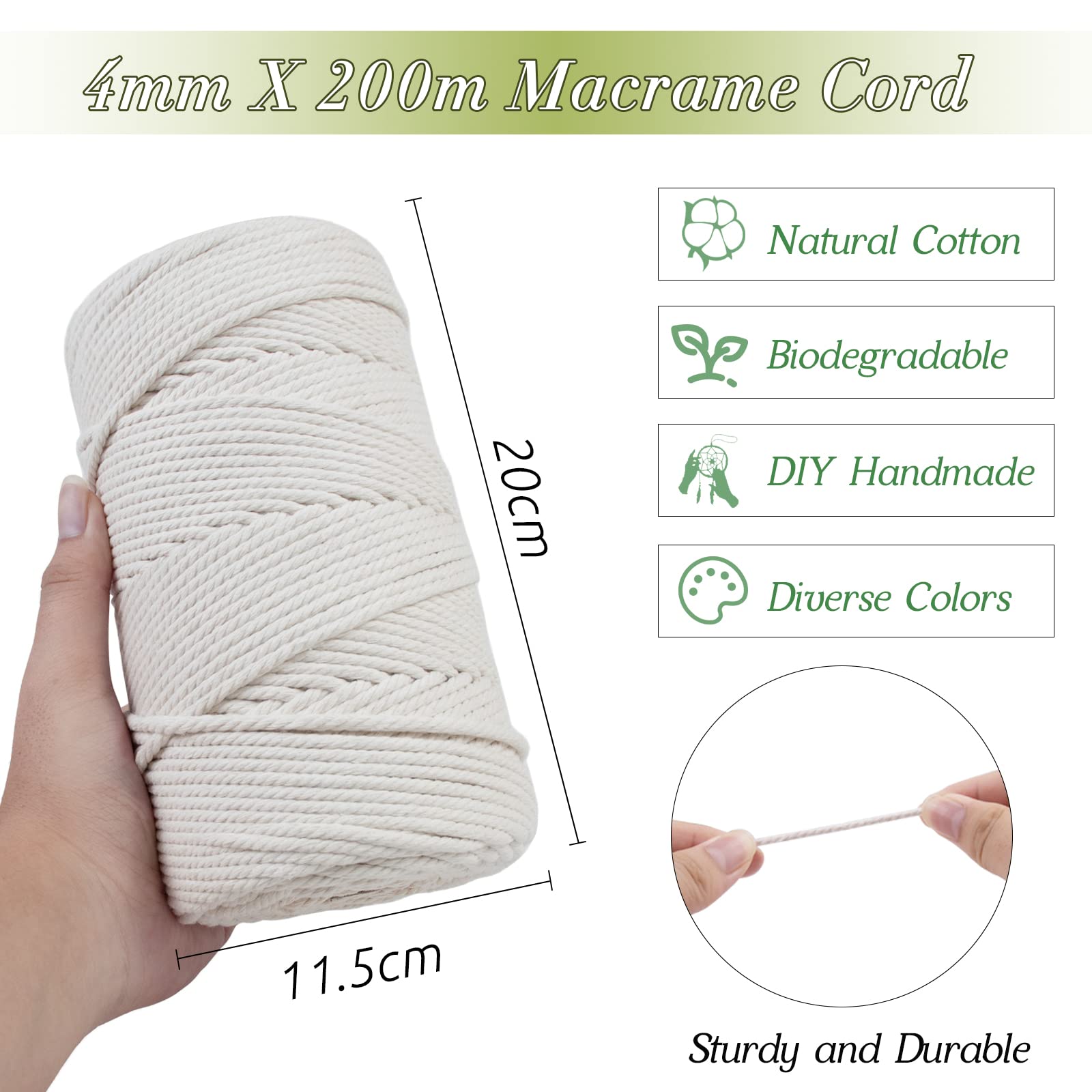 Uiopa Corde Macramé 4mm x 200m Fil Macrame Coton Naturelle 4 Brins Ficelle Macramé Corde, Cordelette 4mm pour Tressée DIY, Plante Suspendue, Rideau, Décorations Murale Boheme (Café)