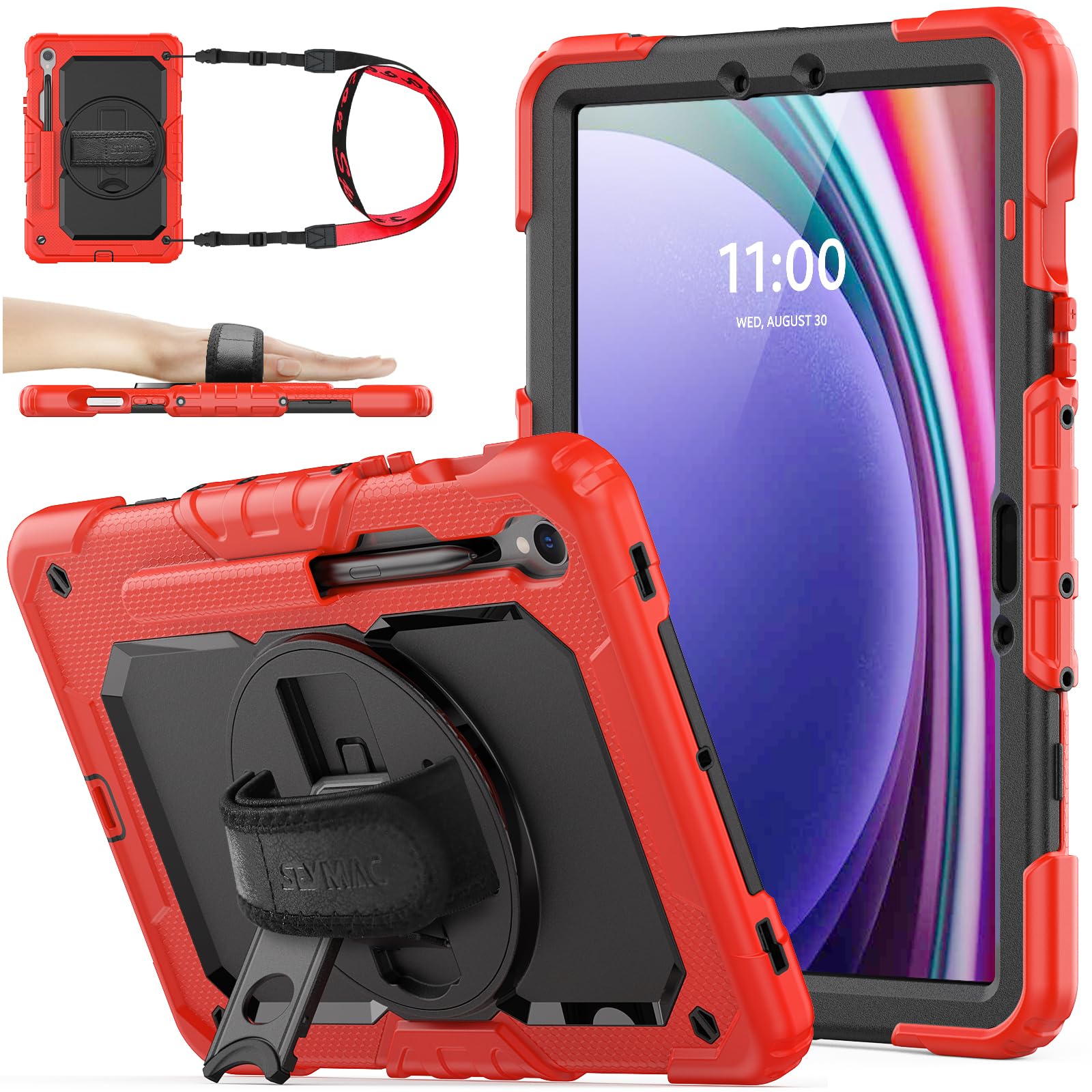 SEYMAC stock Case for Samsung Galaxy Tab S10 Lite / S10 FE / S9 FE 5G / S9 Tablet Case 10.9''/ 11'' Protective with Screen Protector, Pen Holder, 360 Rotate Stand, Hand Strap, Shoulder Strap, Red