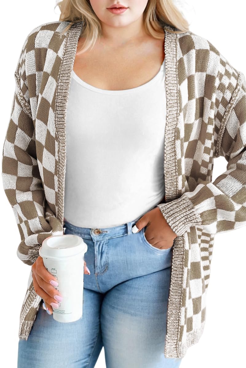 Womens Plus Size Checkered Cardigan Sweater Fall Trendy Drop Shoulder Knit Cozy Open Front Outwear