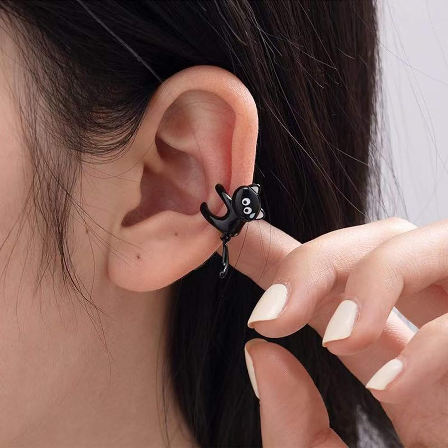 316L Stainless Steel Black Cat Stud Earrings for Women with Dangle Tail, Hypoallergenic Cute Cuffs image 3
