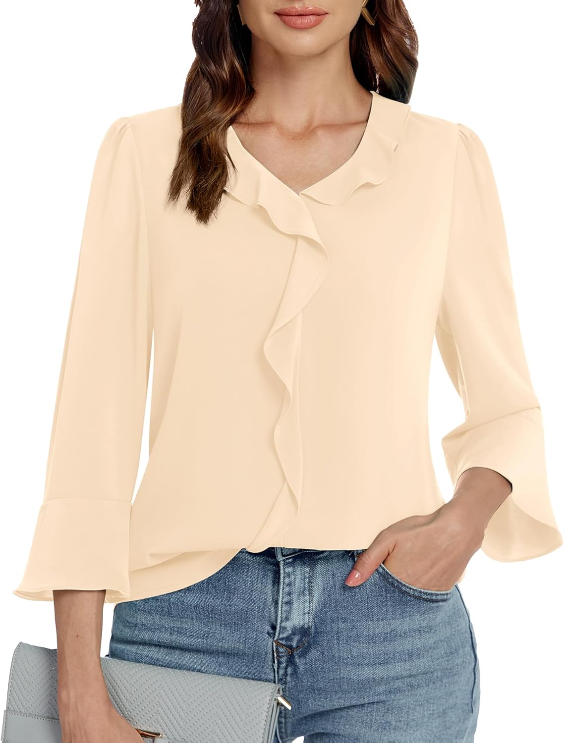 Funlingo Womens 3/4 Length Sleeve Tops V Neck Dressy Casual Blouses Tunic Trendy Business Office Ruffle Work Shirts