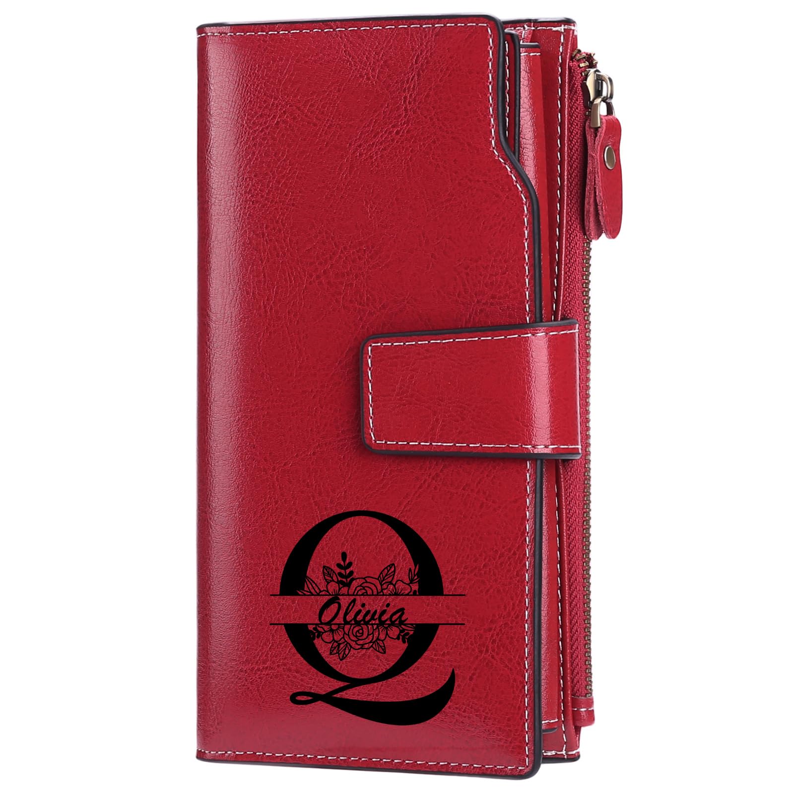 Personalized Engraved Name Wallet,Custom Birth Month Flower Wallet with RFID Blocking Genuine Leather Credit Card Holder Large Capacity for Women,Mother's Day Bridesmaid Gifts (Red)