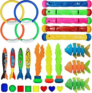 WAIZHIUA 27Pcs Swimming Pool Toys Diving Toys Set Underwater Training Toys Game Kit with Diving Torpedo Bandits, Diving Rings, Dive Sticks, Swimming Fish, Gemstones, Diving Watercress
