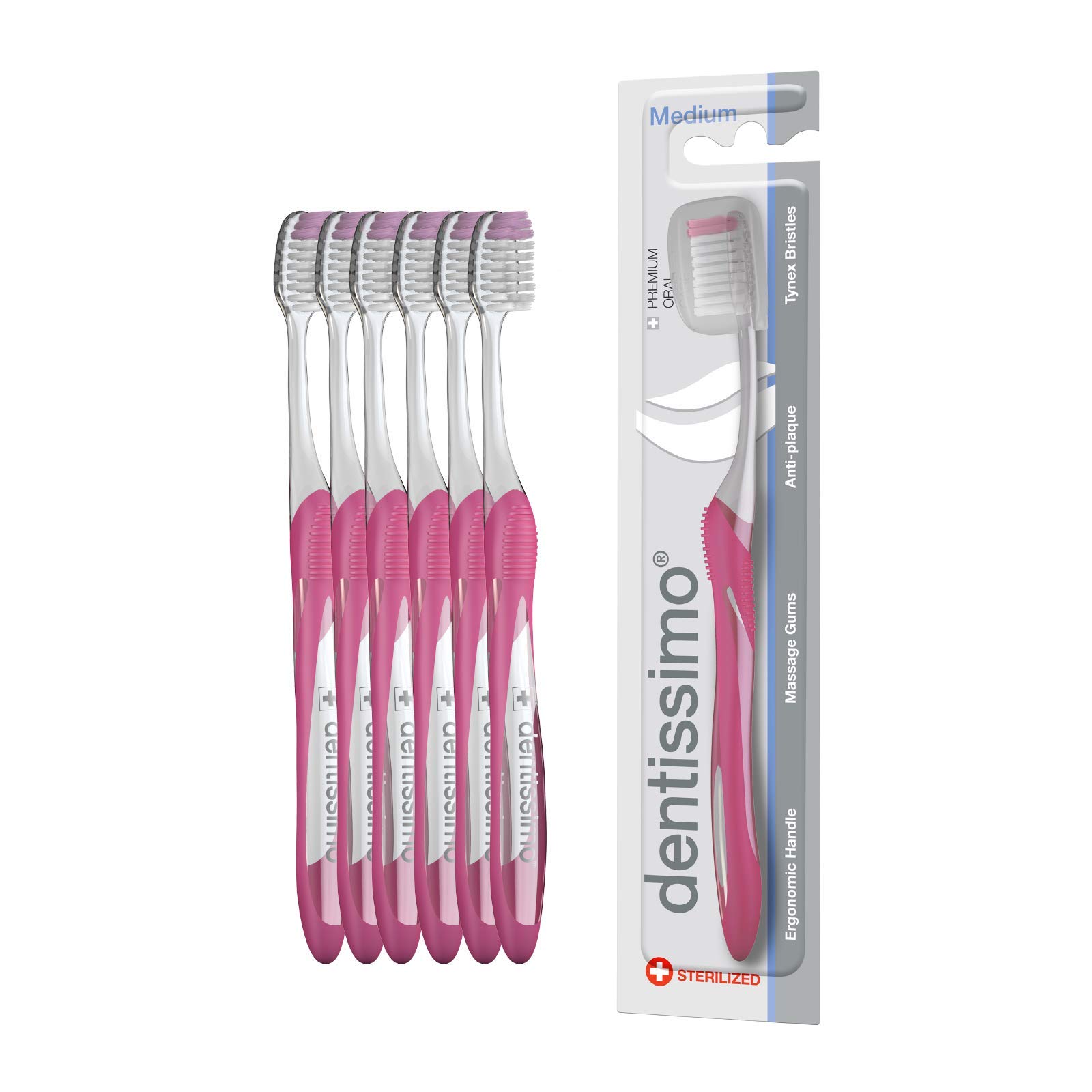 Premium Oral Care Medium Bristle Toothbrush with Ergonomic Handle, Colors May Vary, Pack of 6