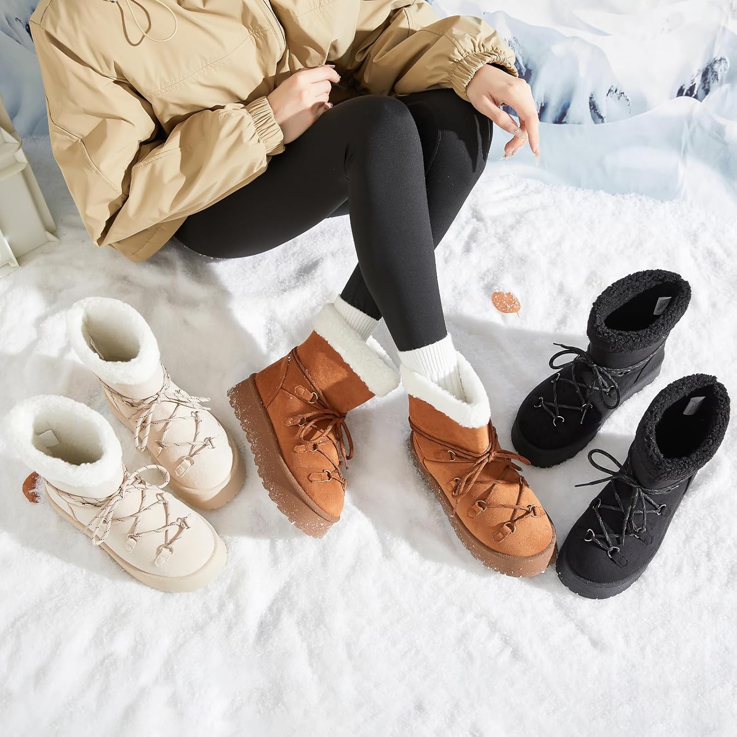 TUOPIN Women's Classic Platform Mini Snow Boots - Faux Suede Slip-On & Lace-Up Winter Booties with Sherpa Lining, Anti-Slip Thick Sole Ankle Boots - Image 6