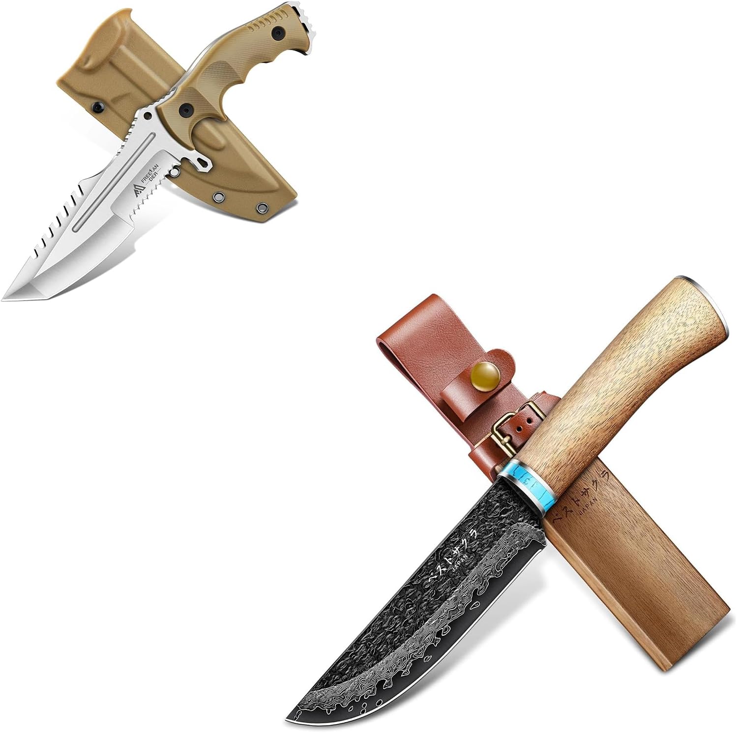 Freelander Damascus Fixed Blade Knife Bundle With Outdoor Fixed Blade Knife