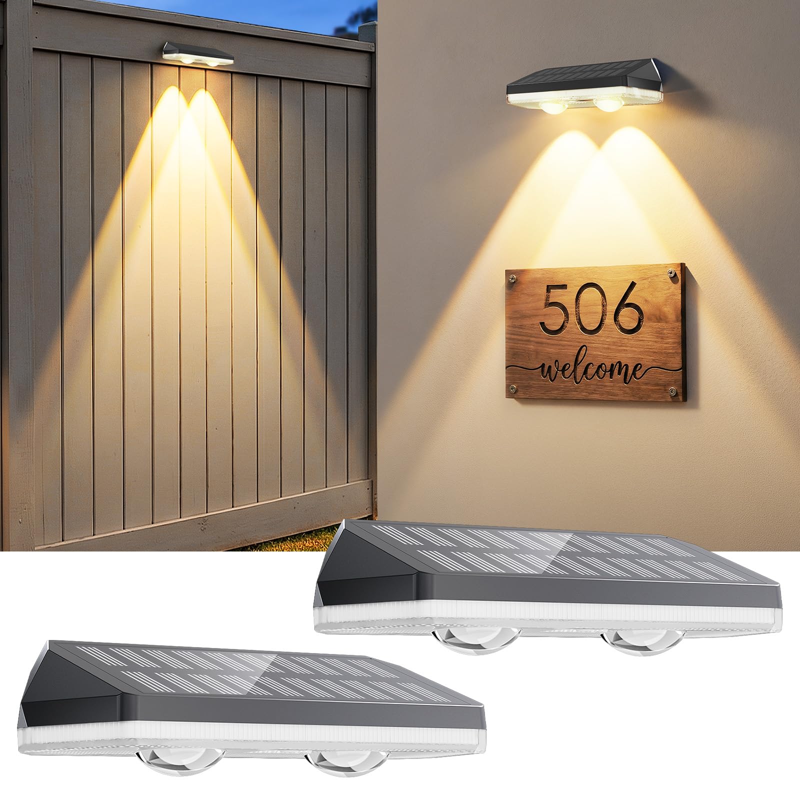 Solar Fence Lights Outdoor,3000/4500/6000K 13 Mode, 2 Pack Fence Lights Solar Powered with Ultra-Bright Lens IP65 Waterproof,Solar Wall Light for Backyard/Step/Patio/Deck/Stair/Railings