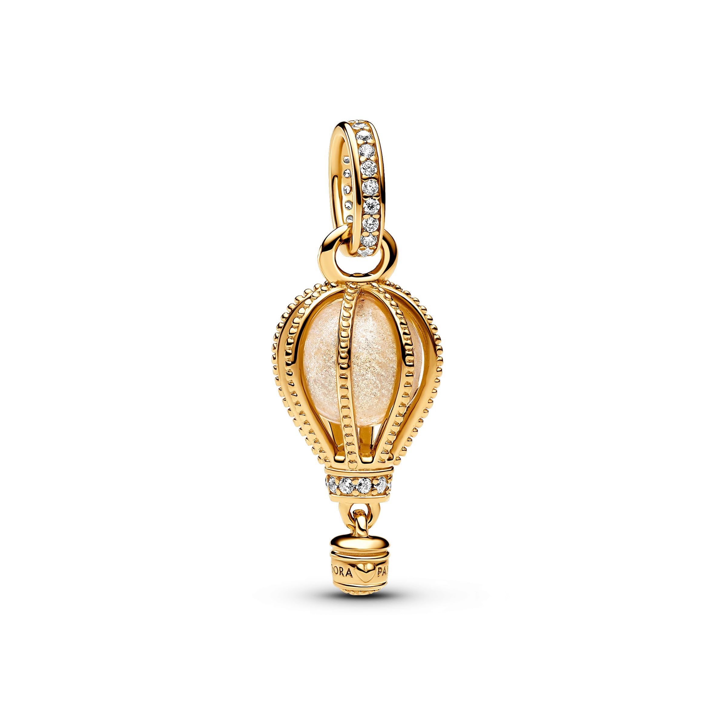 Pandora Moments Colgante con diseño de globo aerostático chapado en oro de 14 quilates con cristal de Murano transparente brillante y circonitas cúbicas transparentes