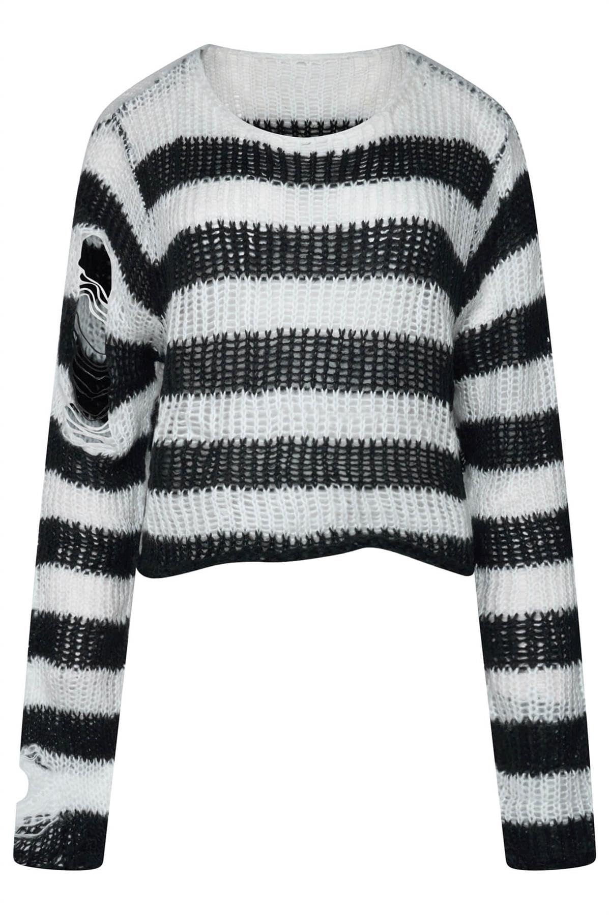 Ro Rox Ryette Cropped Striped Knit Jumper for Women – Distressed Oversized Grunge Gothic Sweater, Long Sleeve Alternative Punk Alt Top Black-White