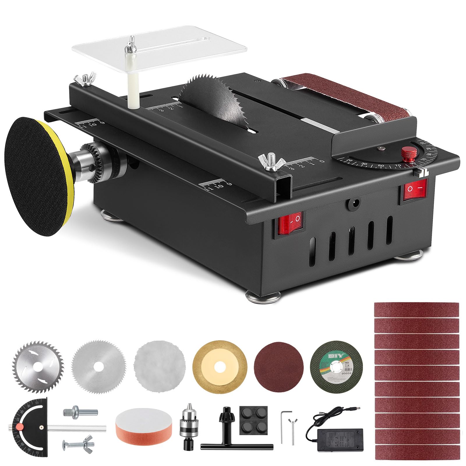Mini Tischkreissäge & Bandschleifer Variable Geschwindigkeit,200W Minii kreissäge mit 0-90° Einstellbarer Schnittwinkel, Mini Desktop Elektrischer mit 4 Klingen, 30mm Sägeblatt von Handgemachtes Holz