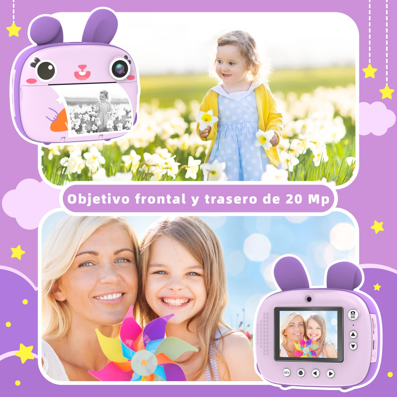 CAMCLID Camara Fotos Infantil Instantanea, 12MP/1080P Cámara Instantánea para Niños con Papel de Impresión Sin Tinta y Tarjeta 32G, Regalos para Niños y Niñas 3 a 12 Años (Violeta)