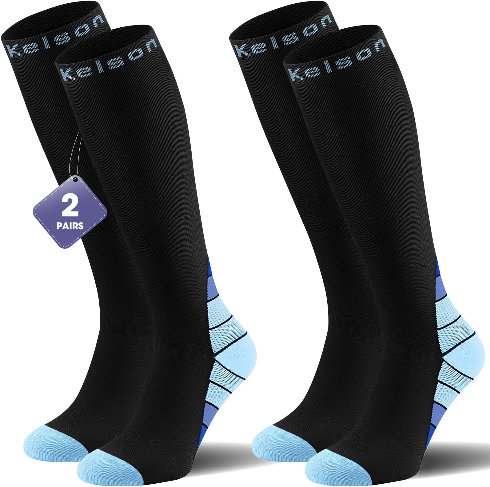 Calves Kelson 2 Pairs Compression Socks for Women and Men, 20-30 mmHg Graduated Compression, Knee High Flight Socks for Running, Nurses, Travel, Pregnancy and Everyday Support