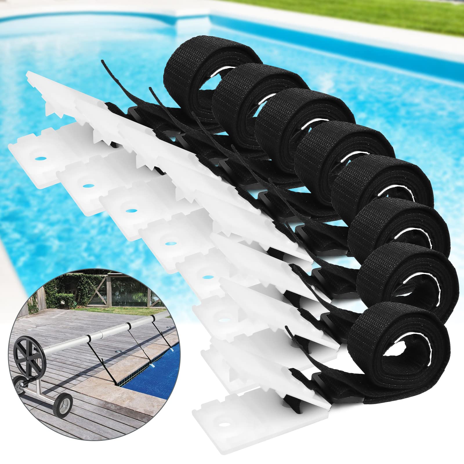S-Union Kit de Fijación para Carrete de Cubierta Solar,Kit de Correas de Manta Solar para Piscina Universal enterrada Que Incluye 8 Correas de Nailon con lengüetas, 8 Placas de cordón, 8 Hebillas