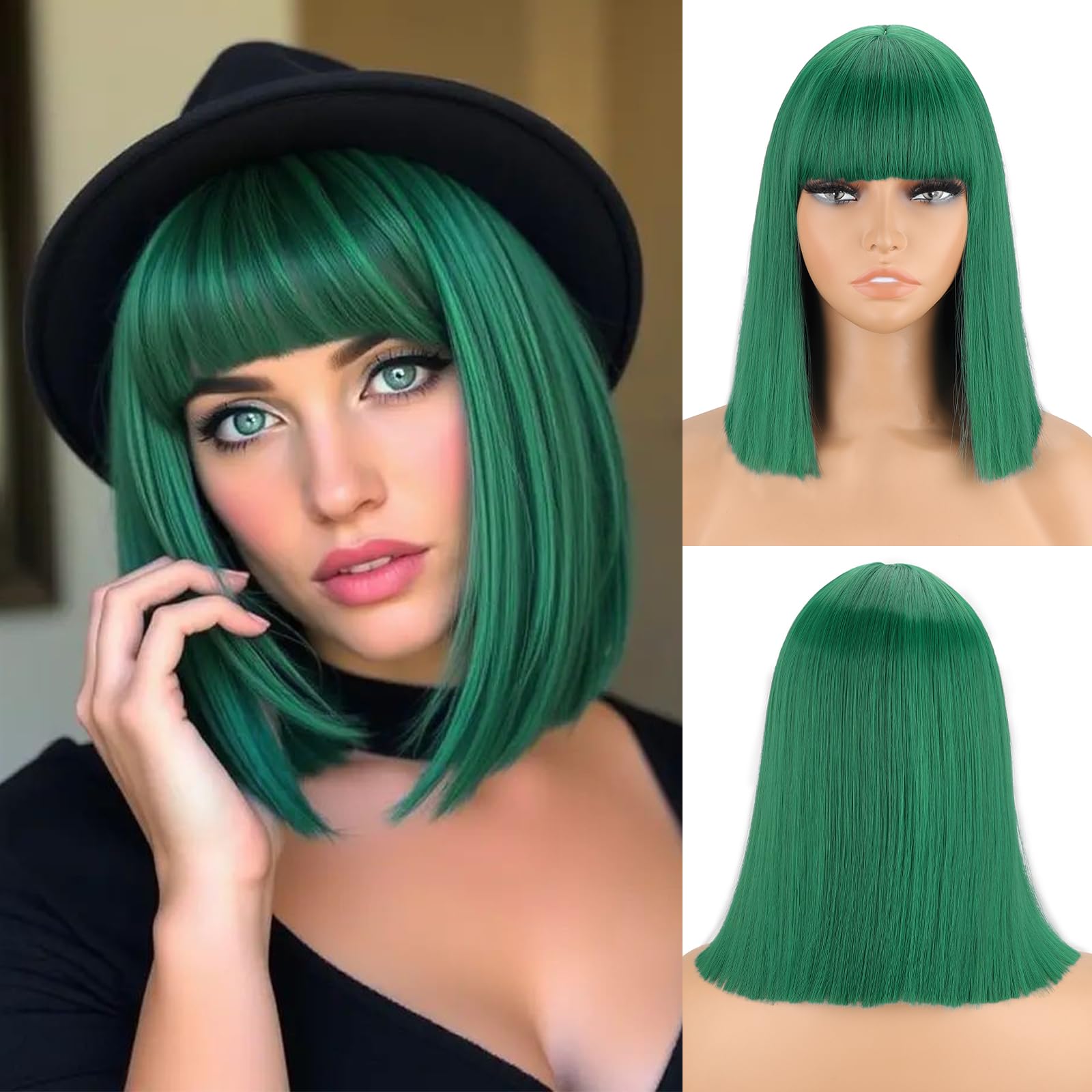 Amazon.com : MERISIHAIR Green Bob Wig With Bangs - 11 Inch  display picture 3