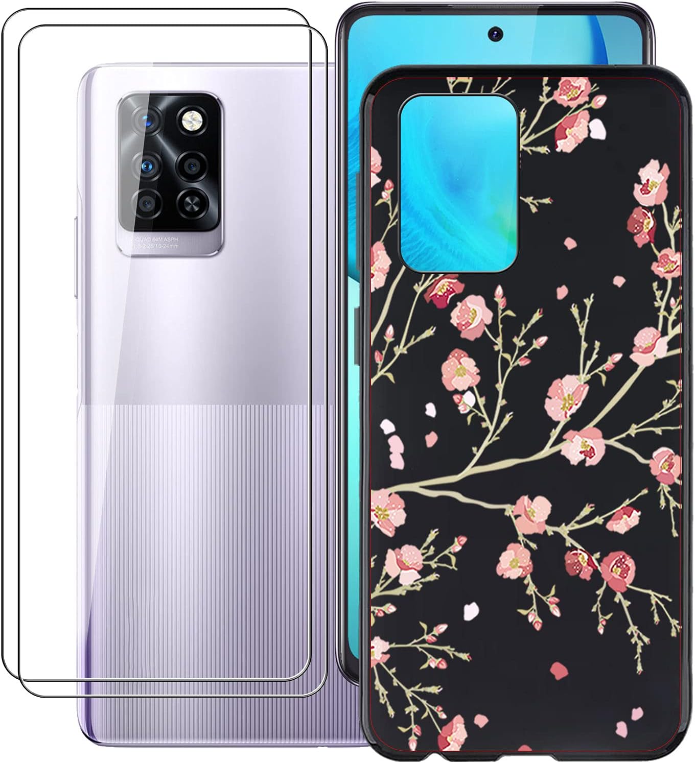 Case for Infinix Note 10 Pro (6.95 inch) with 2 X Tempered Glass Screen Protector, Slim Black Shock Absorption Non-slip Soft Silicone TPU Cover Case for Infinix Note 10 Pro - WM84