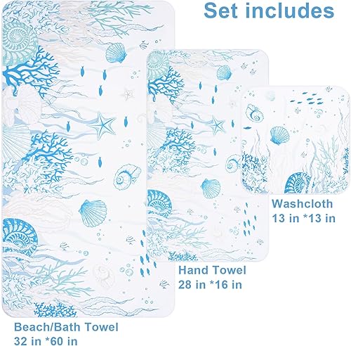 Miniatura 2 de ASPMIZ Juego de 3 toallas de playa con toalla de baño, toalla de mano y toallita, toallas absorbentes con temática oceánica para adultos, toallas de
