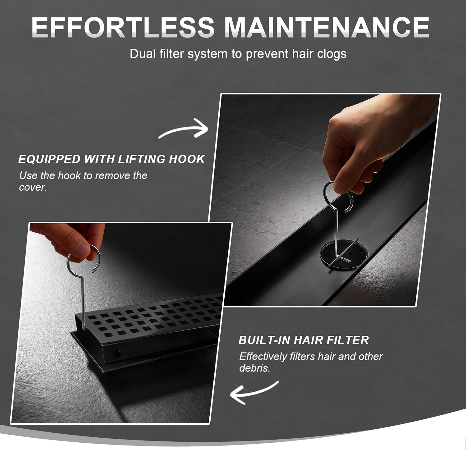 24-Inch Matte Black Linear Shower Drain, 304 Stainless Steel Long Linear Drain with Quadrato Pattern Grate, Rectangle Shower Floor Drain with Adjustable Feet, Hair Strainer, Fits Bathroom, Balcony