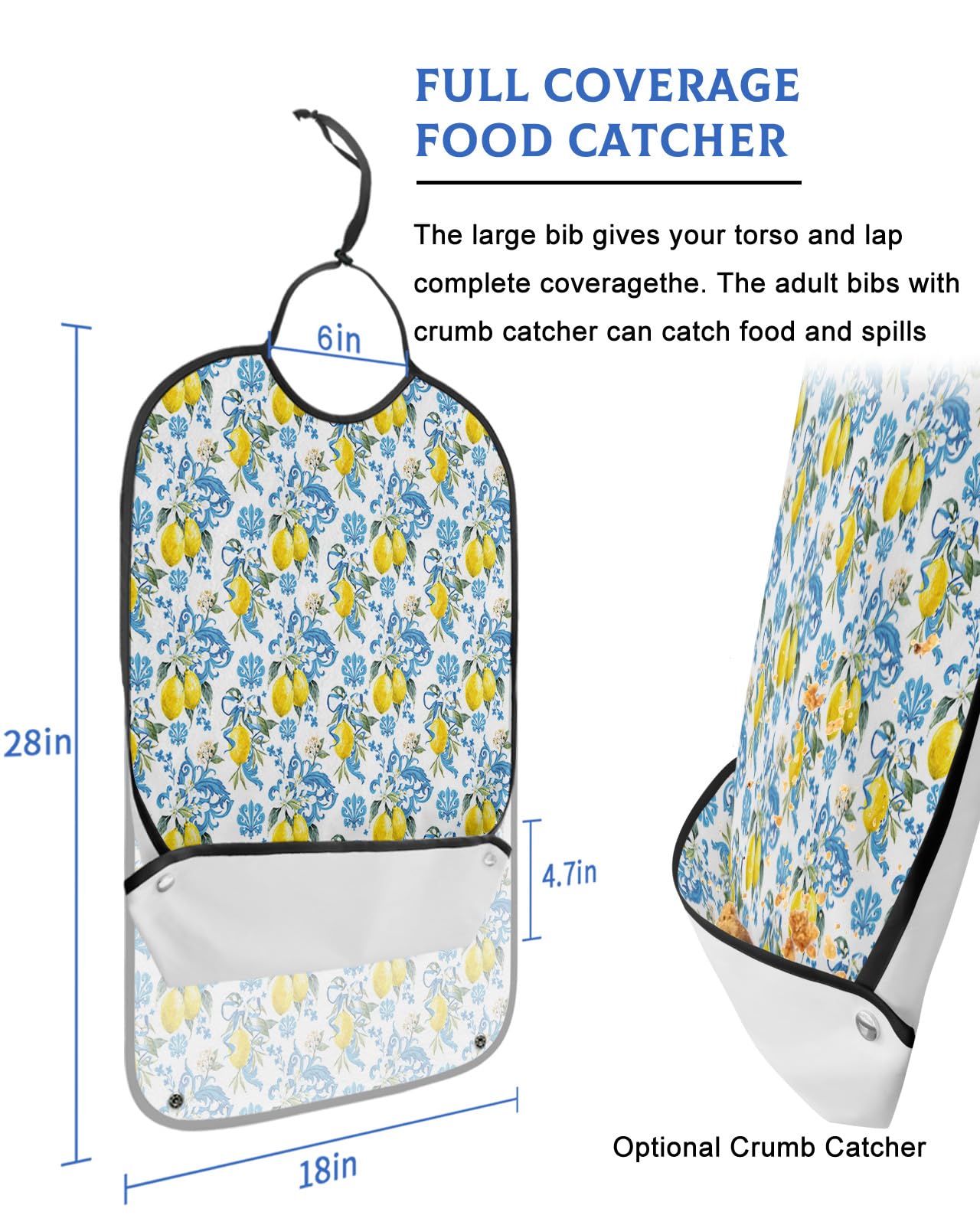 Adult Bibs for Elderly Women - Summer Lemon Waterproof Dining Clothing Protectors with Crumb Catcher for Eating/Feeding, Modern Abstract Art Blue Yellow Fruit Terry Cloth Bib Machine Washable