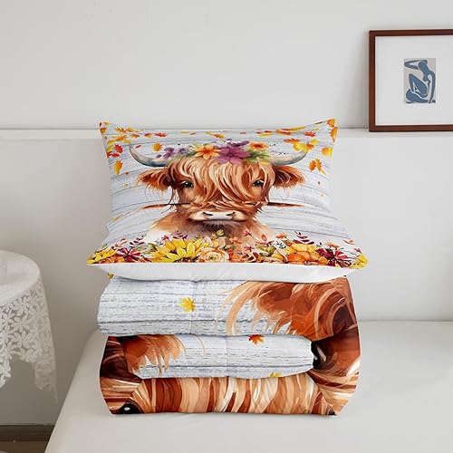 Miniatura 5 de Feelyou Juego de edredón de hojas de otoño, tamaño individual, juego de edredón de otoño de vaca de las tierras altas, edredón de temporada de