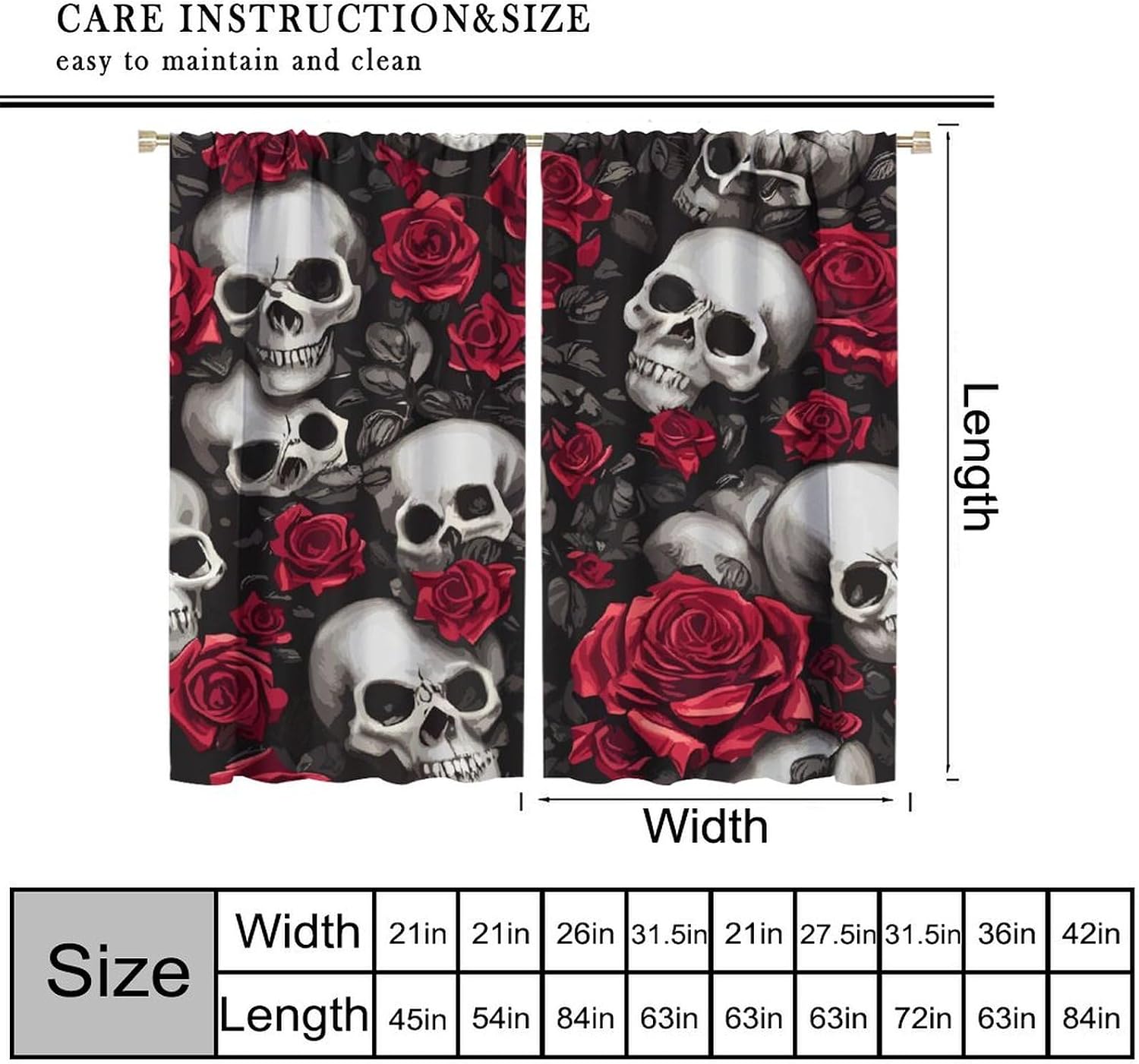 Skull Curtains Rose Flowers Vintage Wildflowers Halloween Theme Scary Curtain with Rod Pocket for Bedroom Living Room Home Decor Drapes Window Treatments 2 Panels Set 42" W X 45" L