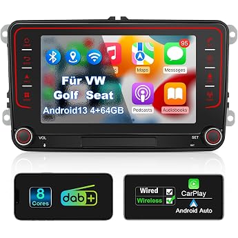 Car Radio with Screen for VW Golf 5 6 T5 Passat Polo 6R Tiguan Seat Skoda 7 Inch VW Caddy Radio 2Din with Apple CarPlay Android Car Mirrorlink DAB+ Navi Bluetooth WLAN Canbus GPS 8-Core 4+64GB
