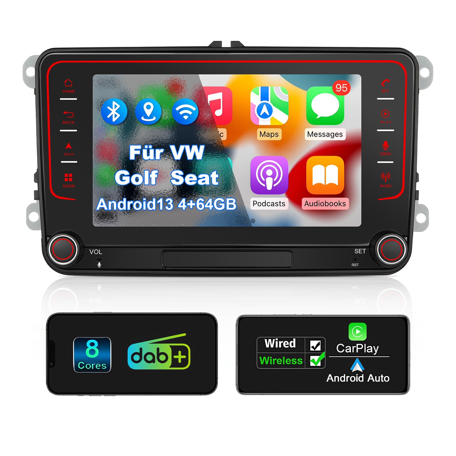 Autoradio mit Bildschirm für VW Golf 5 6 T5 Passat Polo 6R Tiguan Seat Skoda, 7 Zoll VW Caddy Radio 2Din mit Apple CarPlay Android Auto Mirrorlink DAB+ Navi Bluetooth WLAN Canbus GPS 8-Kern 4+64GB