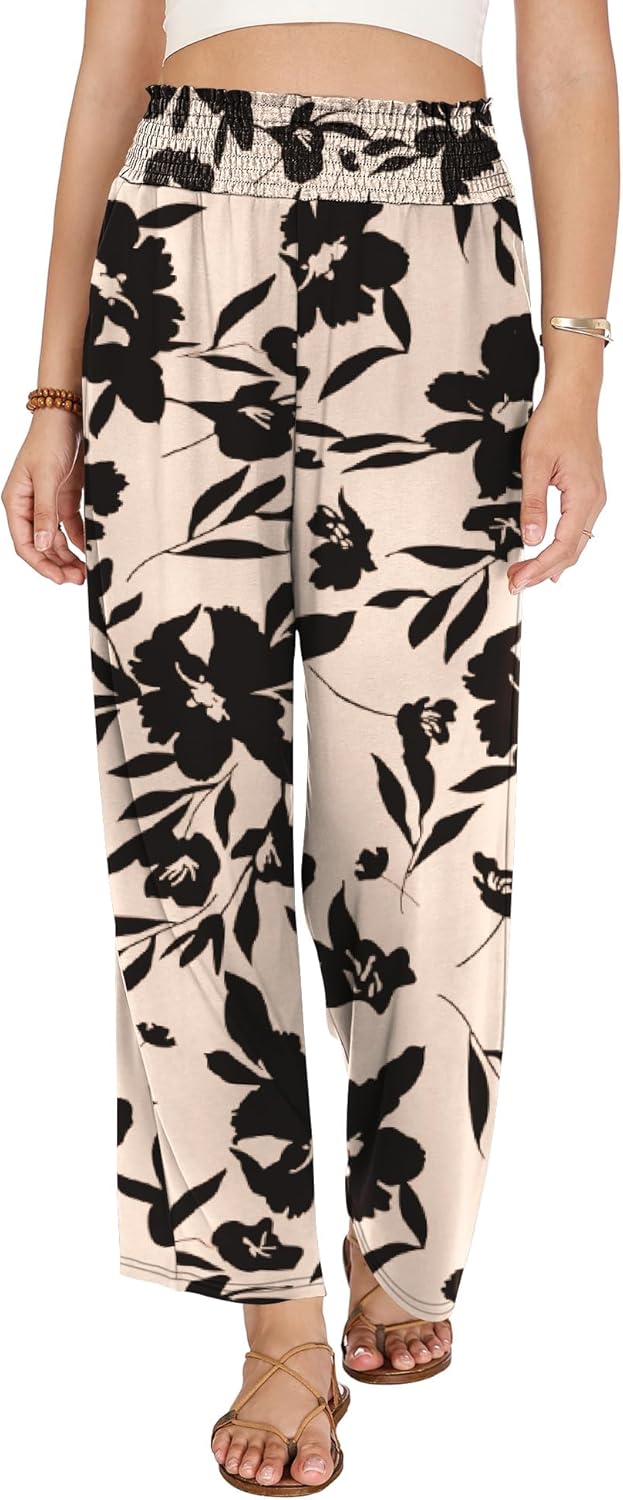 LOMON Palazzo Pants for Women Casual Wide Leg Flowy Pants Beach Vacation Clothes Elastic Waist Boho Trousers with Pockets - Image 4