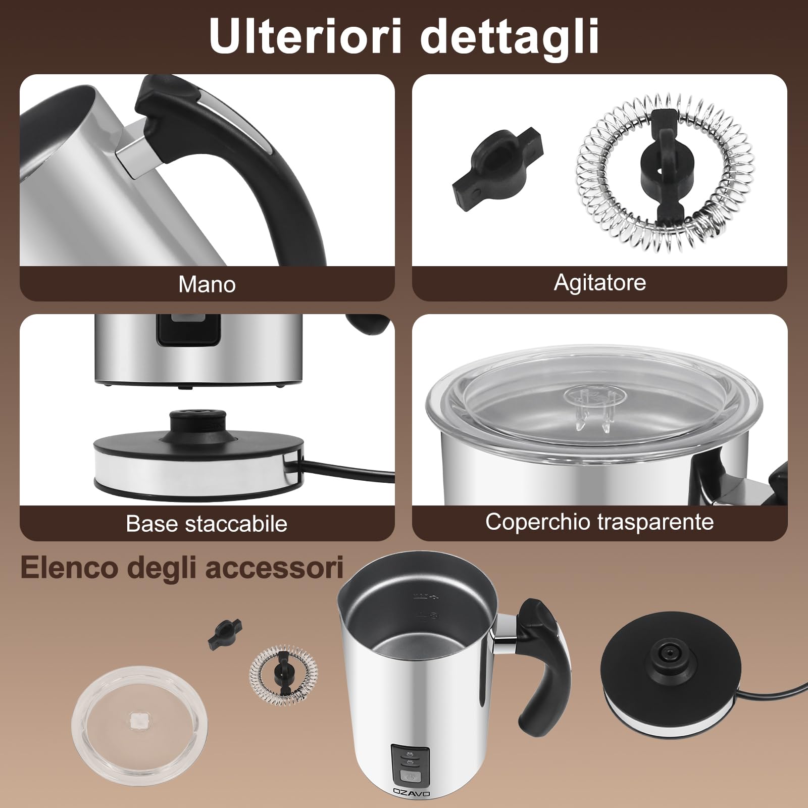 Montalatte Elettrico Montalatte Automaticoin Acciaio Inossidabile Controllo Temperatura Schiuma per Latte e Caffè Calda e Fredda