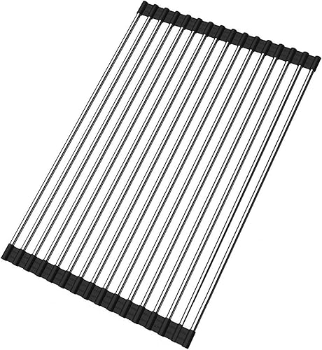 Escurreplatos plegable de acero inoxidable se enrolla ideal para fregadero escurridor de cocina con silicona color negro 205 x 1313 pulgadas