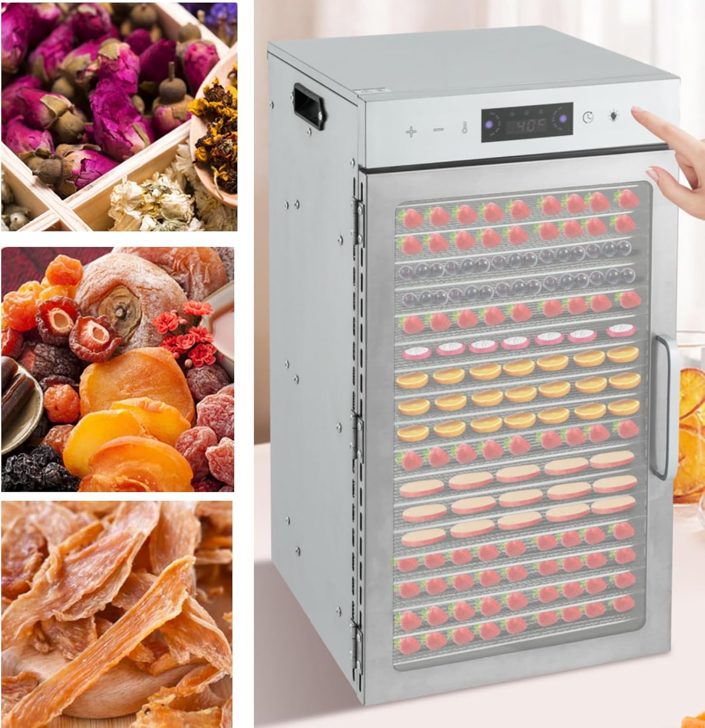 800W Food Dehydrator 18-Tray Stainless Steel Fruit Dryer with LED LIght 86-194℉ Adjustable Temperature 0~24 Hours Timed Design, Food Dryer Machine for Jerky, Fruit, Meat, Herbs (18 Trays)