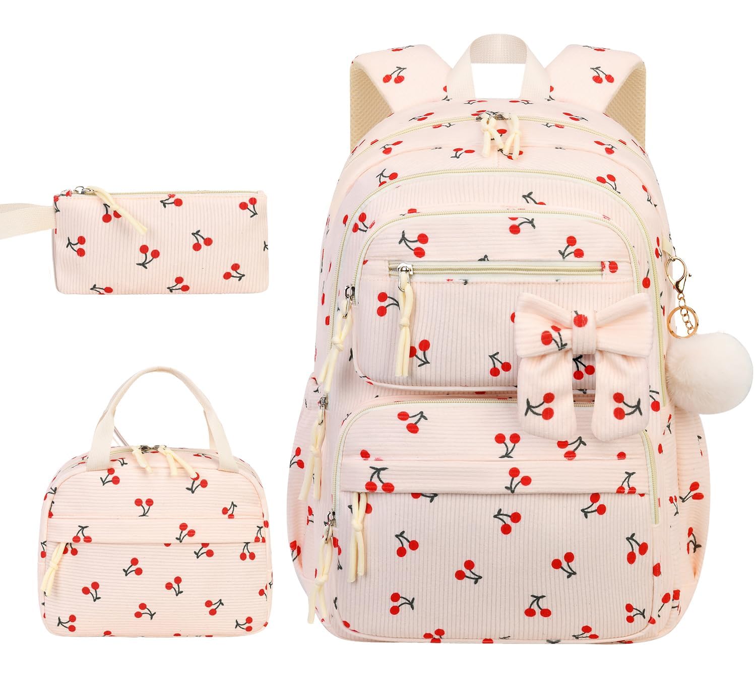 Set Zaino in Velluto a Coste con Ciliegie per Ragazze Adolescenti (Beige)