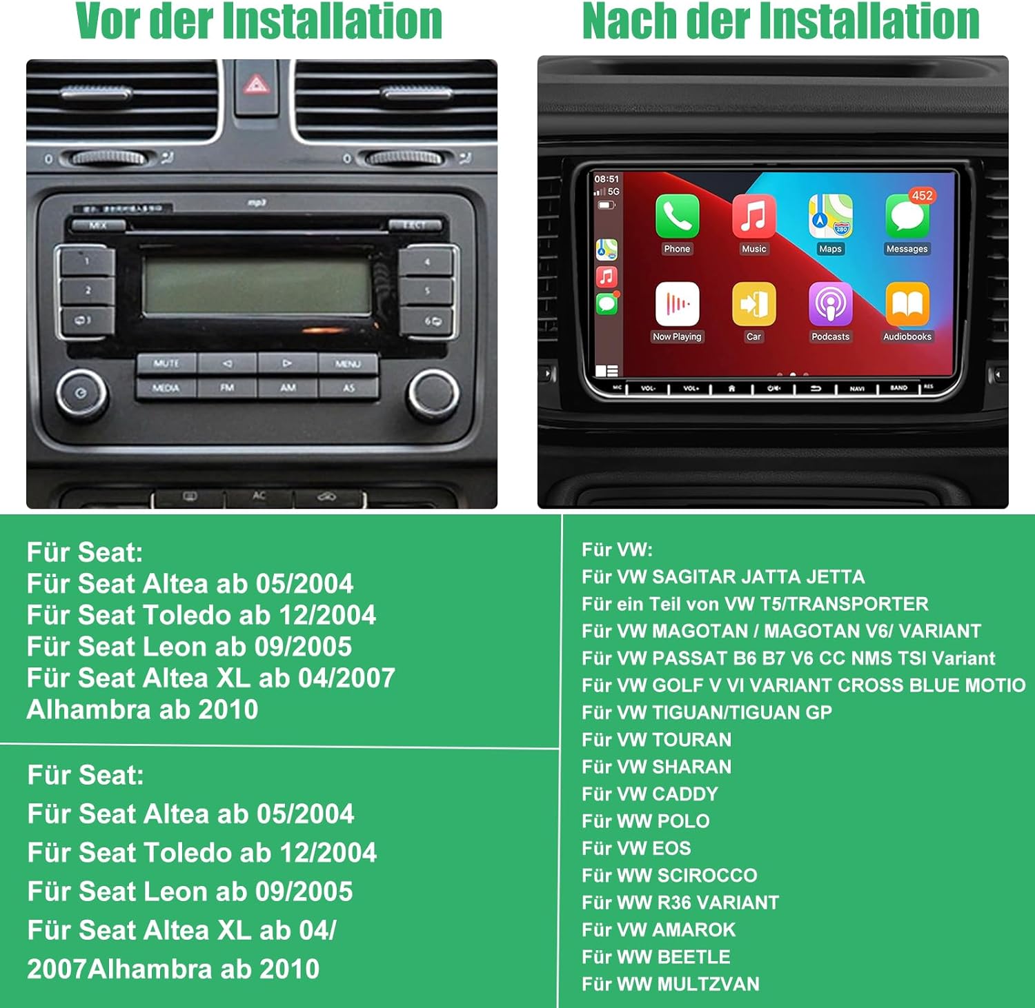 Before and After Installation of SEMAITU TH0029DAB Car Radio in a vehicle dashboard, showing compatibility list for Seat and VW models.