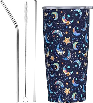 Star and Moon Tumbler with Lid and Straw 20 OZ Stainless Steel Travel Coffee Mug Double Wall Insulated Cup Leakproof for Car Sports Cafe Office