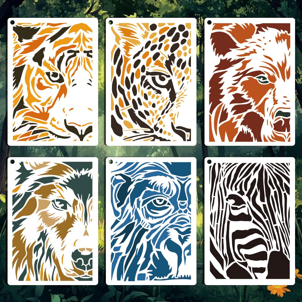 GOMAKERER 6 Sheets Animal's Face Stencils for Painting, 6 Styles Tiger Lion Wolf Leopard Zebra Drawing Template Wild Animal Eye Art Templates for Painting on Wall Wood Home Decor