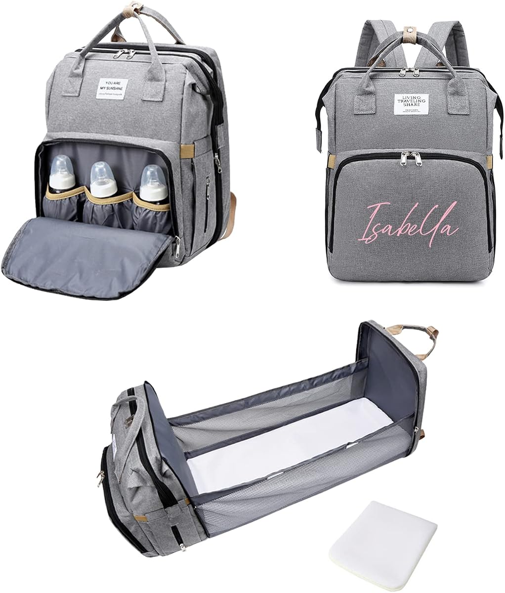 Personalized 3 in 1 Diaper Bag Backpack with Changing Station Multifunction Large Baby Diaper Bags for Boys & Girls Portable, Custom Lightweight Changing Bag Newborn Baby Essential Gifts (Grey)