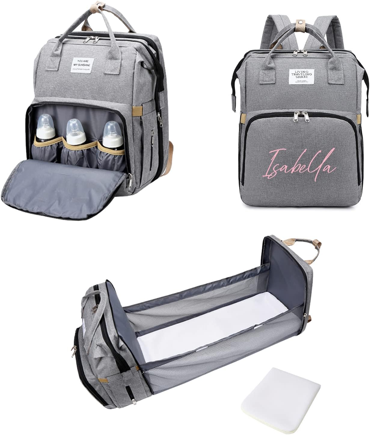 Personalized 3 in 1 Diaper Bag Backpack with Changing Station Multifunction Large Baby Diaper Bags for Boys & Girls Portable, Custom Lightweight Changing Bag Newborn Baby Essential Gifts (Black)