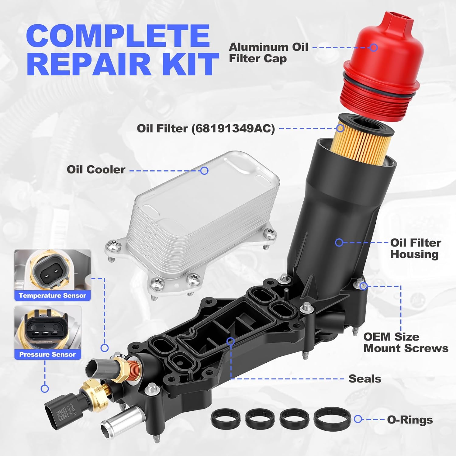 Upgrade Full Aluminum Engine Oil Cooler Filter Housing Assembly with Sensors & Gaskets Compatible with 2011-2016 Jeep Dodge Chrysler Ram 3.6L V6 Replace for 5184294AE 68105583AC