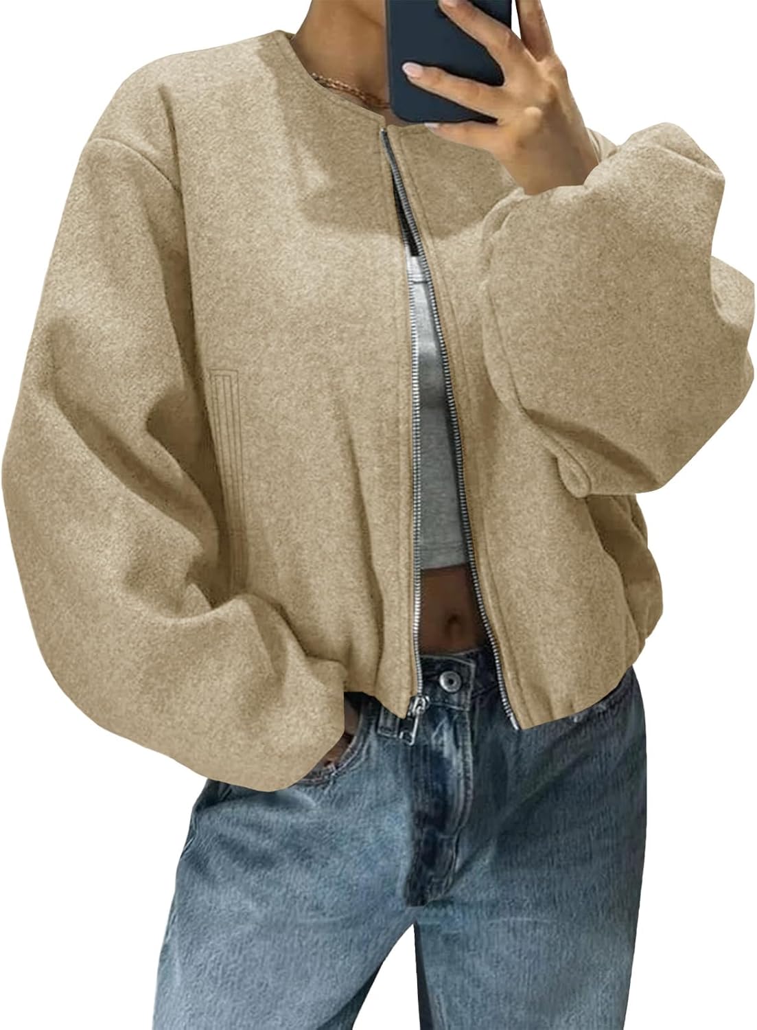 Tankaneo Womens Cropped Bomber Jackets Trendy Casual Collarless Pea Coat Zip Up Fall Short Jacket