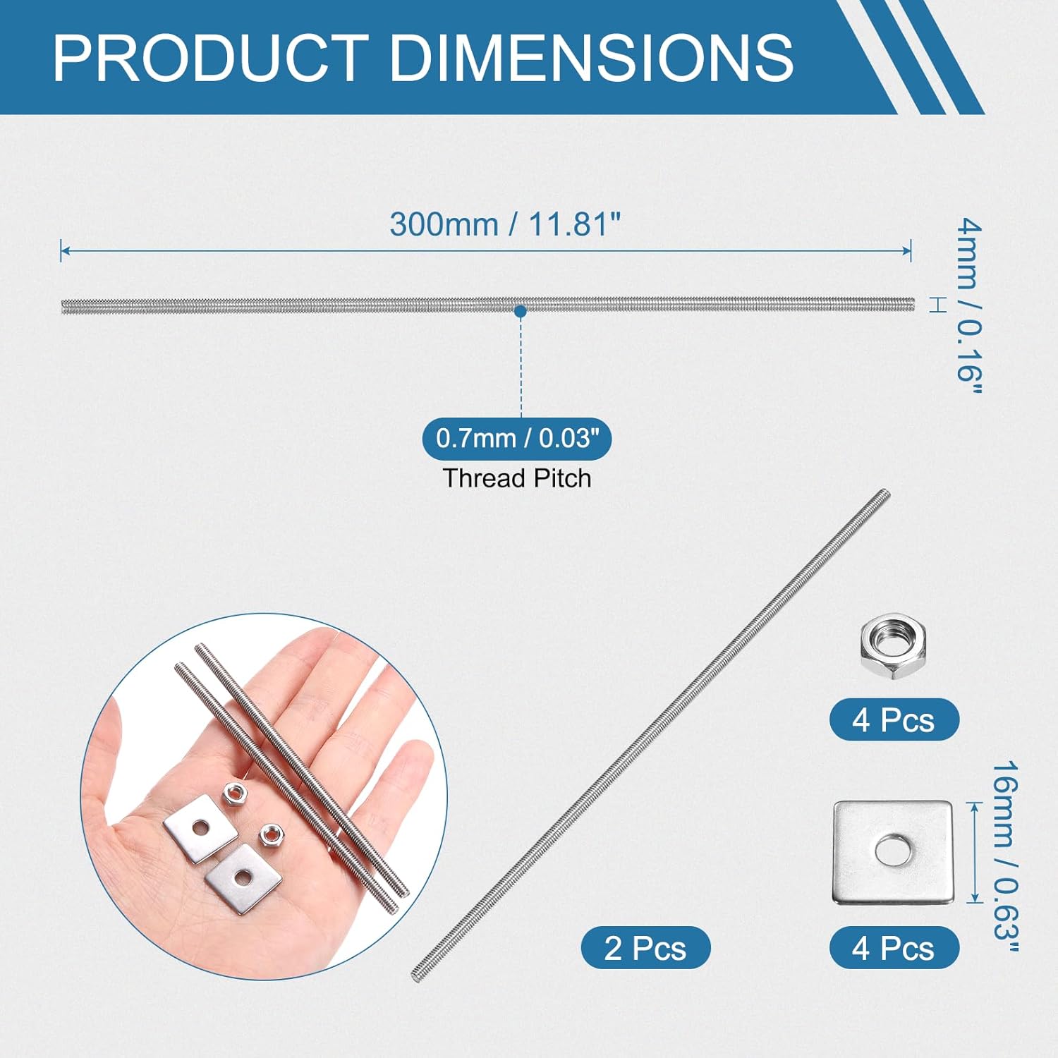 PATIKIL 2 Pcs Fully Threaded Rod, M4 x 300mm 304 Stainless Steel Right Hand Long Thread Bar Studs with Nuts Square Washers for Pipes Clamps Hangers U-Bolts