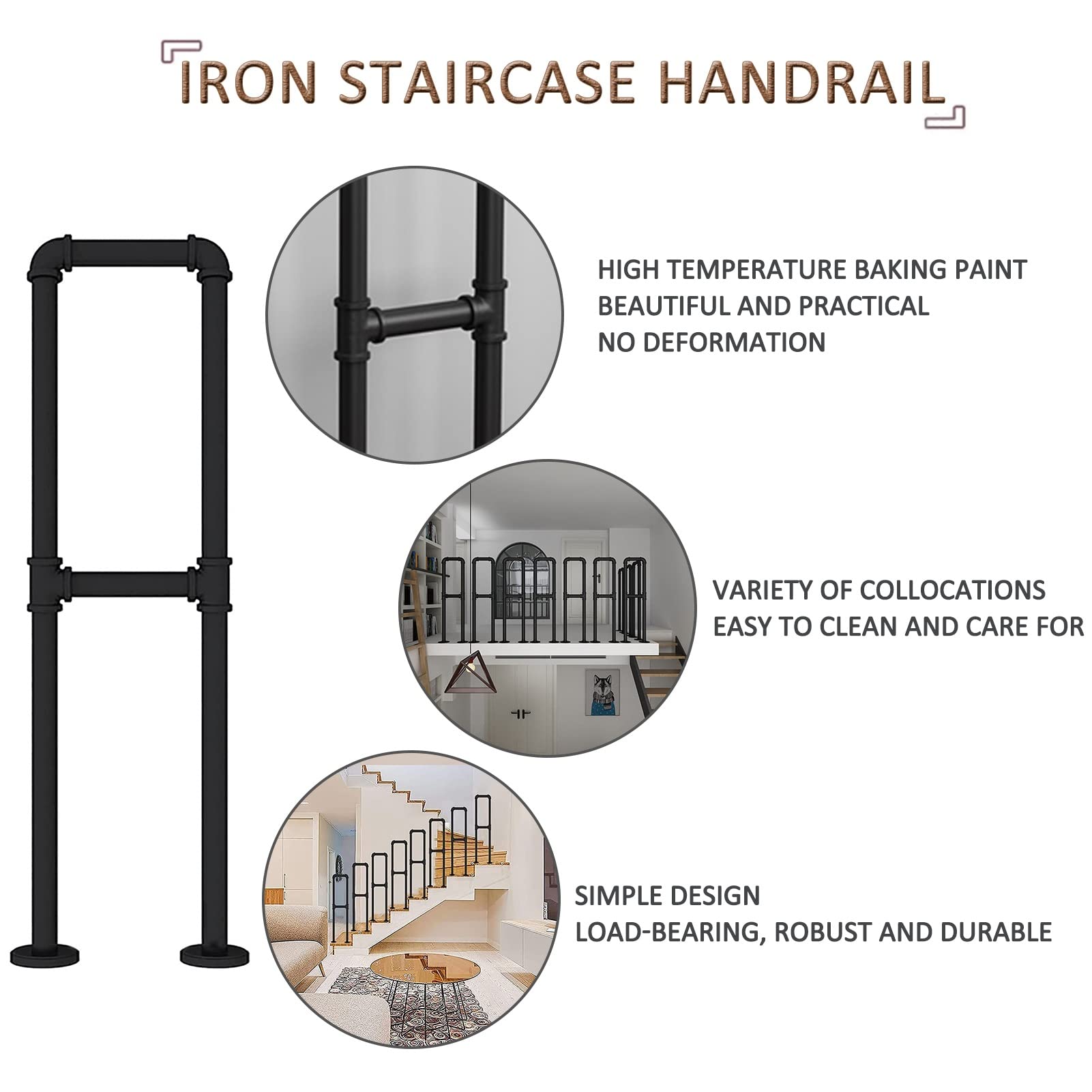 Schwarzer Moderner Handlauf – Schmiedeeisen-Treppengeländer, Sicherheits-Haltegriff Für Treppengeländer Für Terrassen, Balkone, Lofts, Korridore, Design Mit Eisenwasserrohr/45Cm(1.5Ft)