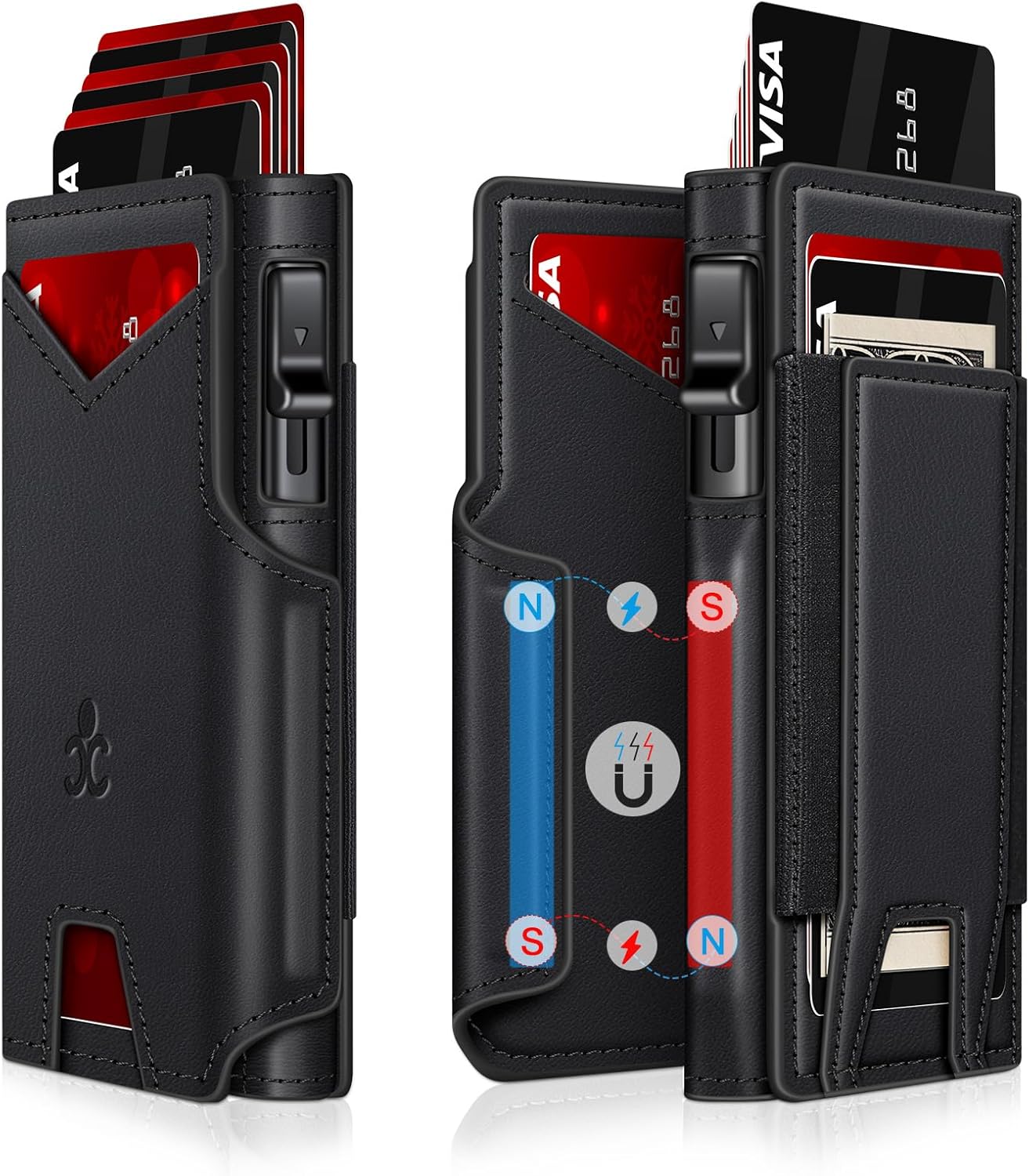 Wallet for Men Wallet with Slim Pop Up Card Holder 9-13 Cards, Bifold Minimalist Smart Wallet RFID Blocking Credit Card Holder with ID Window & Stretchable Cash Slot Compact Metal Aluminum Card Case Black