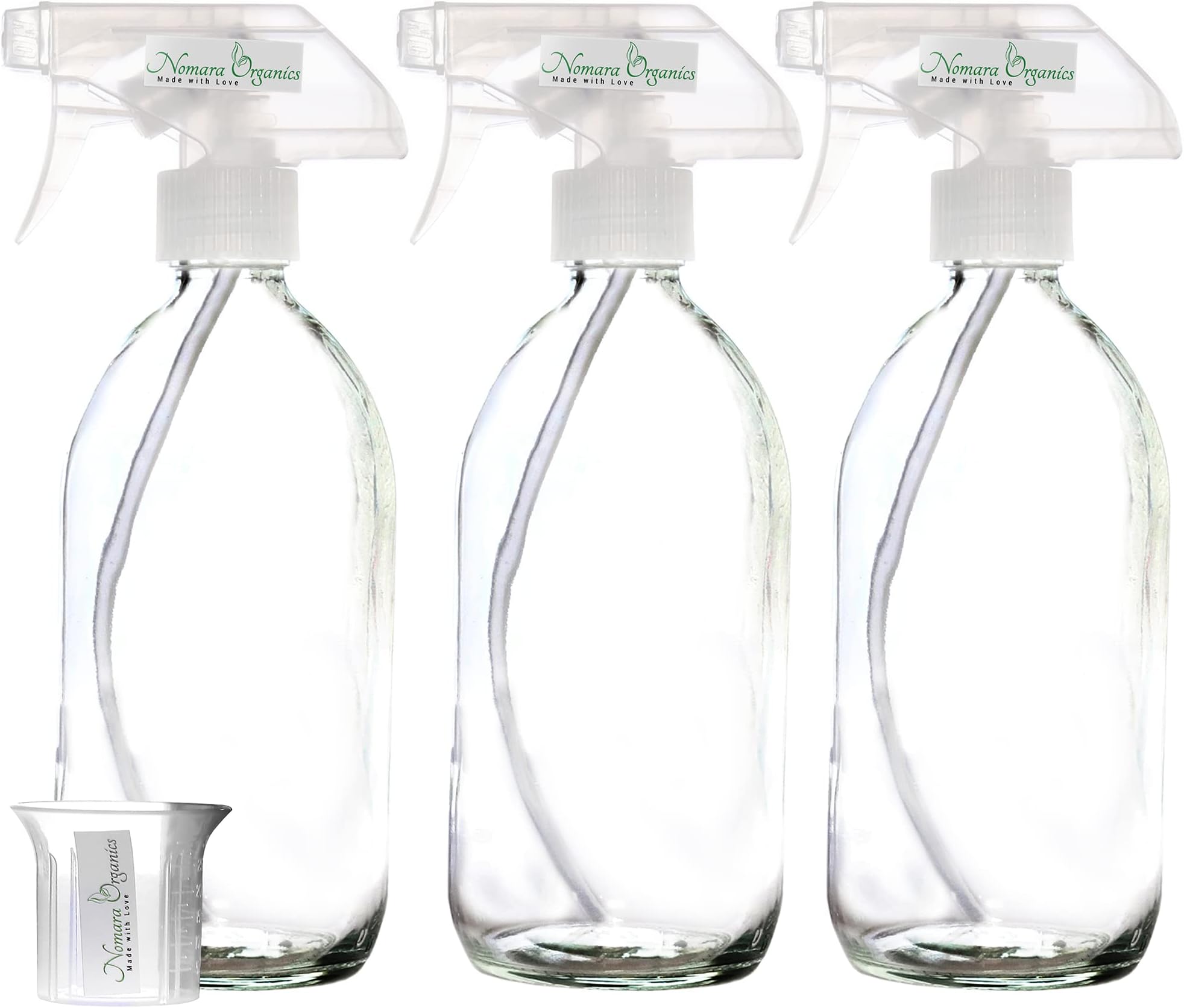 Nomara Organics BPA-Free Clear Glass Spray Bottles 3 x 300ml. Empty, Reusable in Kitchen, Bathroom, Garden for Oil and Vinegar, Plant Watering, Ironing and Cleaning Products.