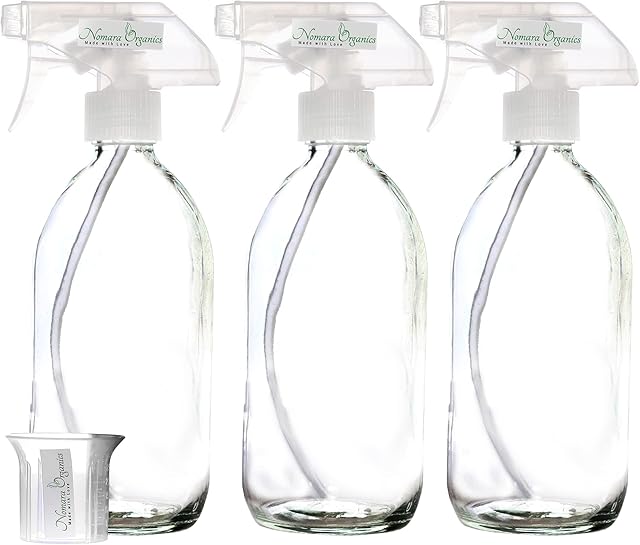 Nomara Organics Clear Glass Spray Bottles, 3 Pack, Trigger Pump Fine Mist Spraying, BPA Free Reusable Container for Cleaning Products, Kitchen, Bathroom, Organic Oil Cooking, 500 mL