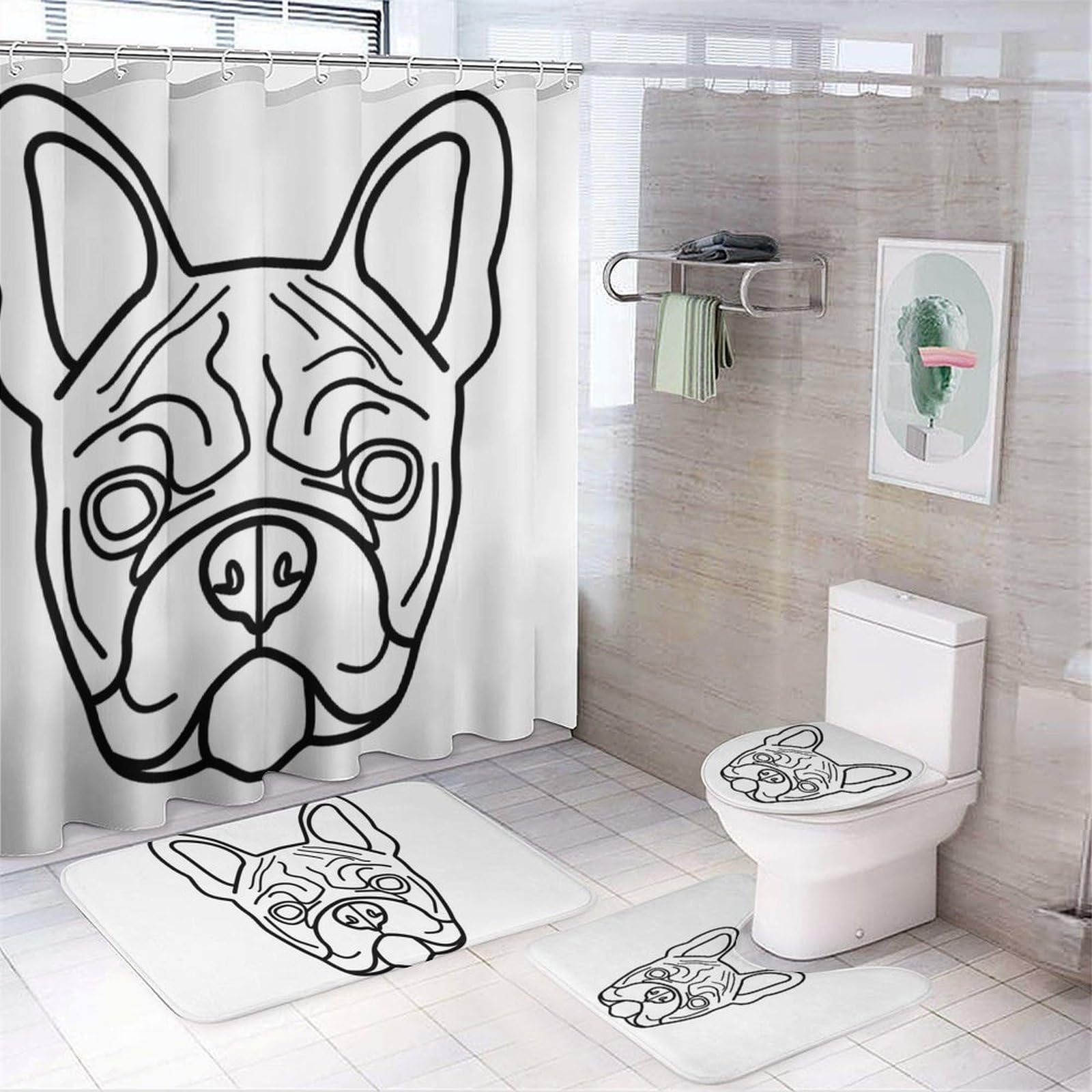 JZemdybill Bathroom Mat Set 4 Piece, French Bulldog Shower Curtain with Non-Slip Bath Mats for Bathroom