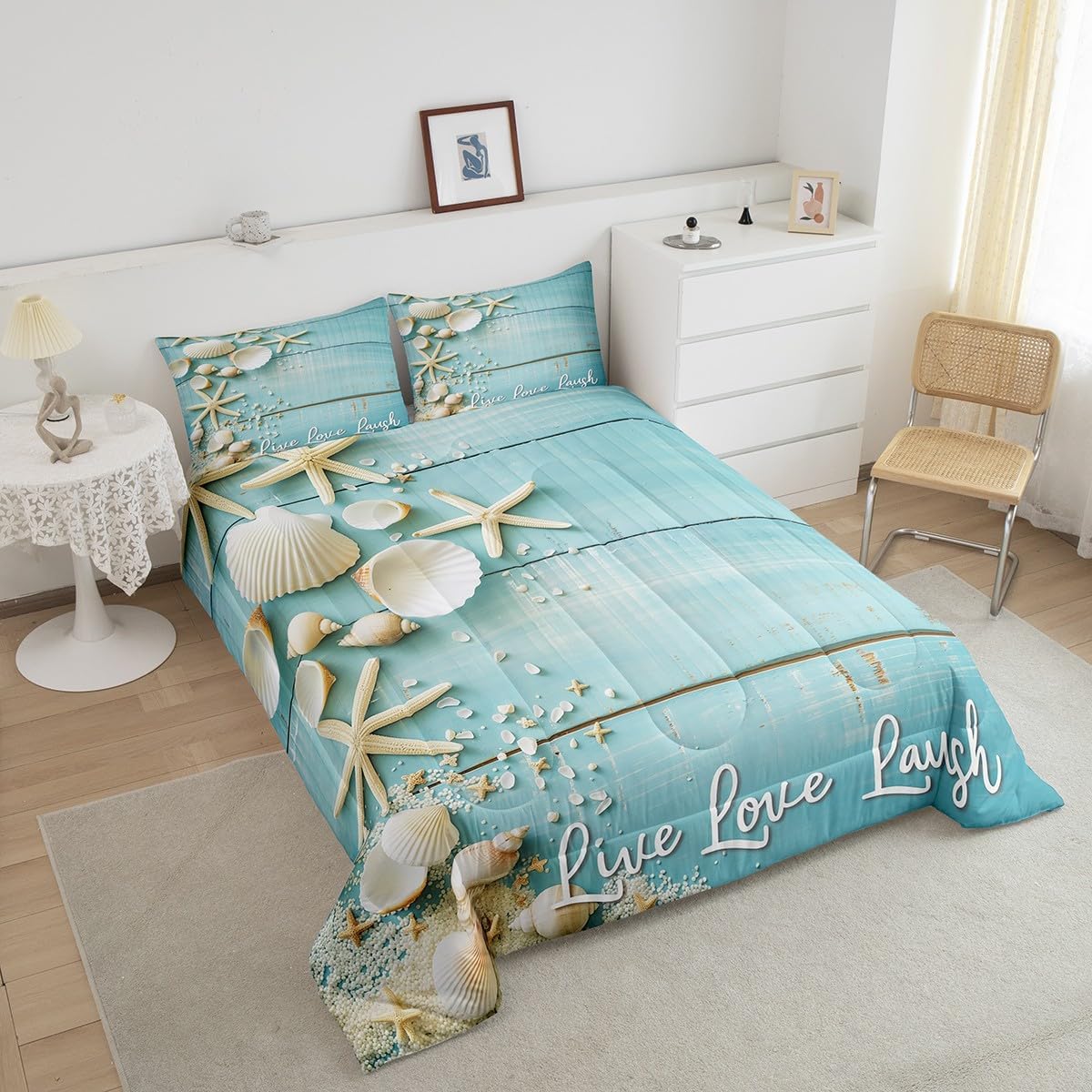 Erosebridal Starfish Seashell Bedding Sets,Conch Sea Shell Comforter Set Coastal Animal Decor Quilt Sets Retro Rustic Farmhouse Duvet Set Teal Wooden Striped Quilt for Kids Boys Girls,Full Size