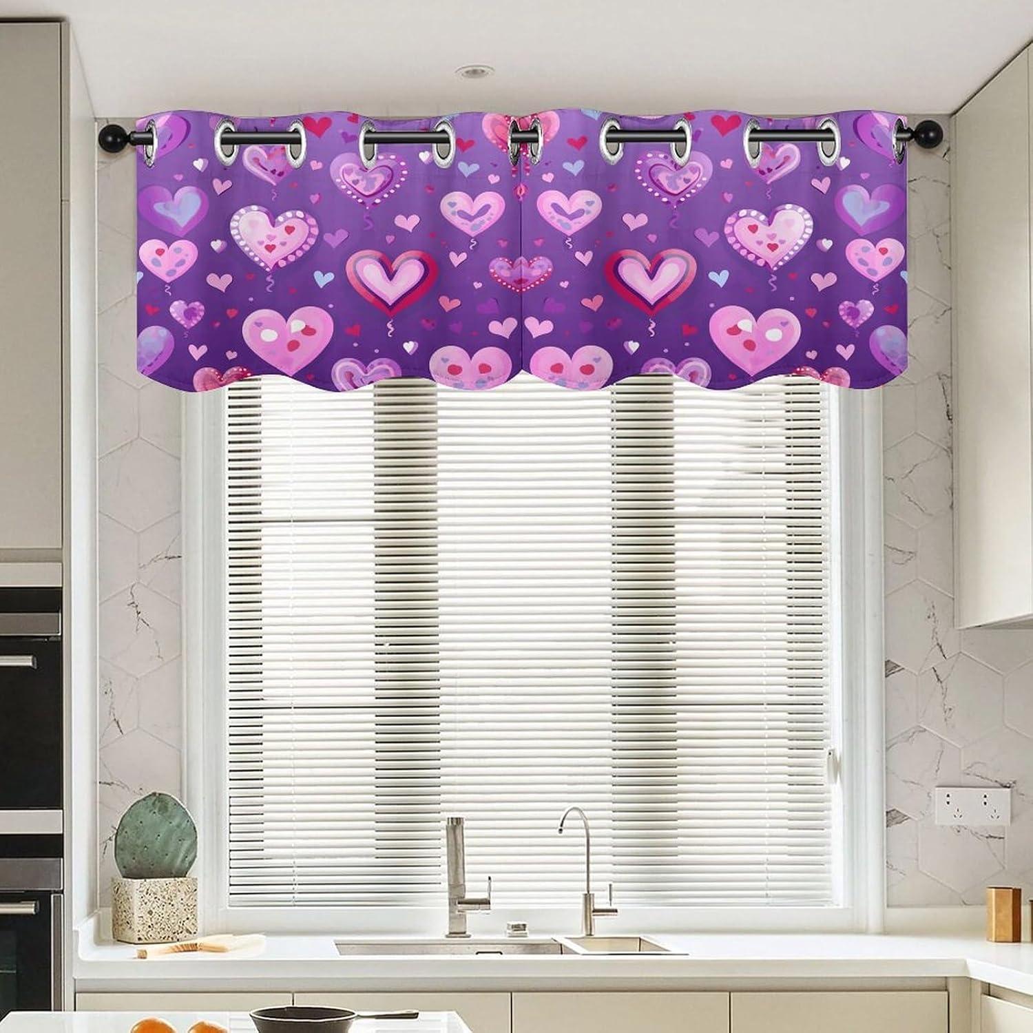 Purple Love Pattern 2 Pack Valance Curtains Window Treatments. Adjustable Curtain with Rod Pocket.Cafe Curtains is Half Curtains for Privacy Decorative 52x18.1 Inch.