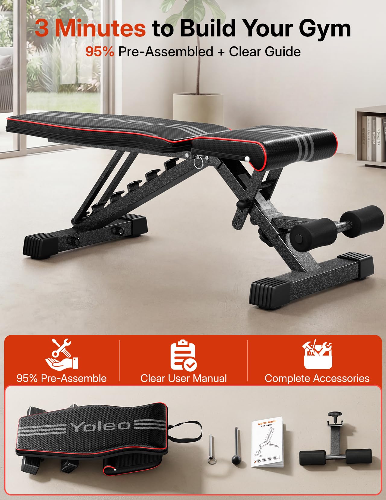 YOLEO klappbare Hantelbank Multifunktion Training Fitness Bank Bauchtrainer Schrägbank mit 6-Fach Verstellbarer Rückenlehne/3-Fach verstellbarer Sitzkissen,Belastung 300kg