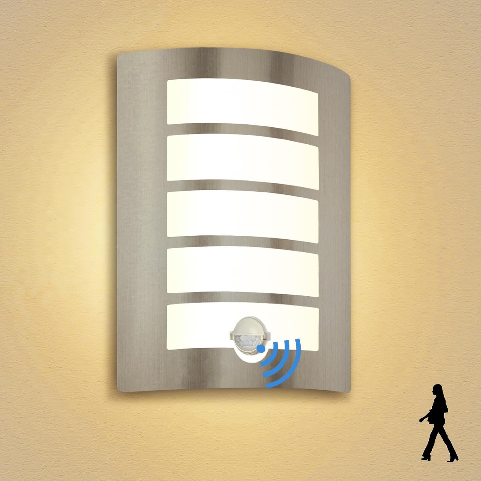 Outdoor Wall Lights with PIR Motion Sensor, Curved Outside Light Mains Powered Stainless Steel IP44 Waterproof for Porch Patio, Incl. 1x 12W Cool White E27 Bulbs-image-9